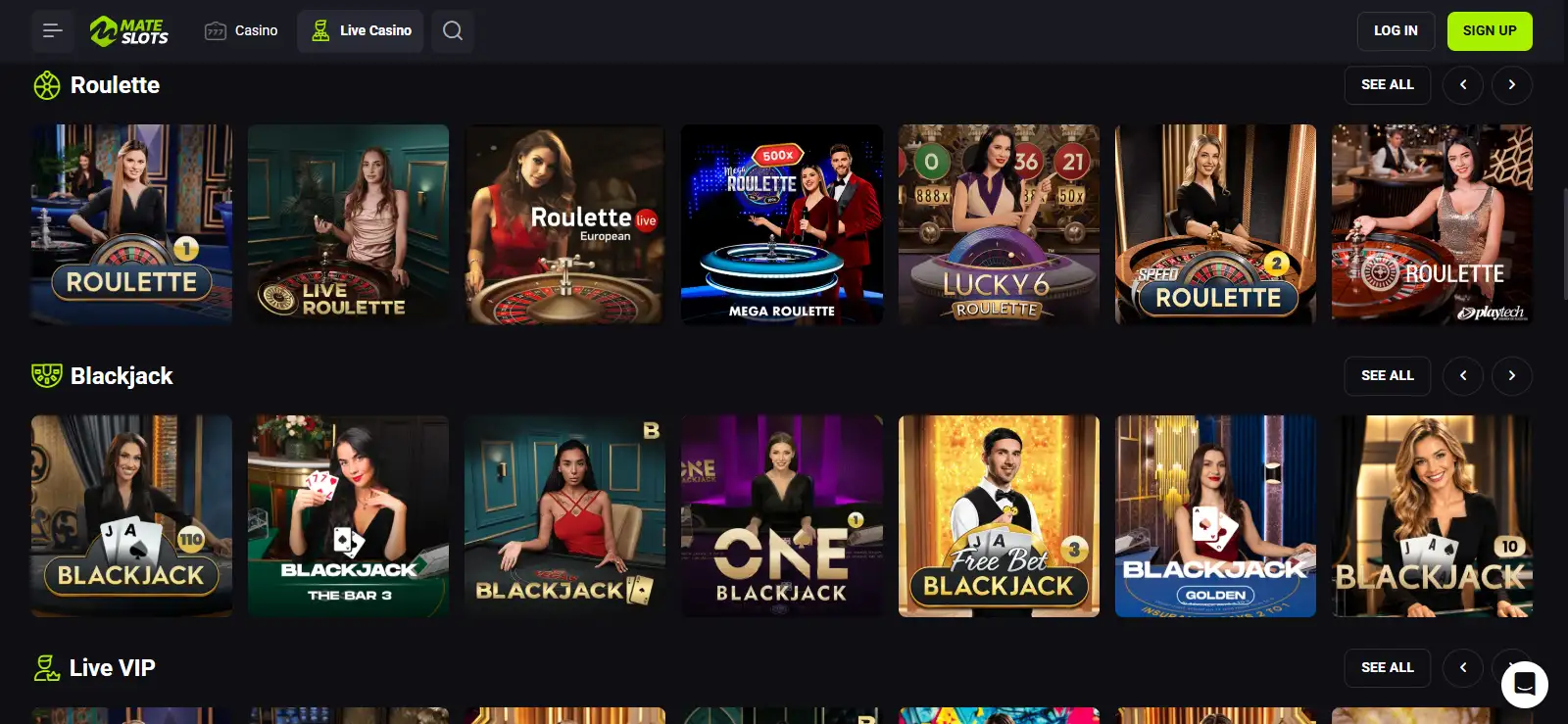 Mateslots live casino lobby with table game categories