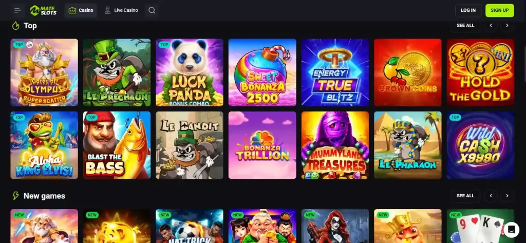 Current Mateslots casino lobby showing pokies and game category navigation