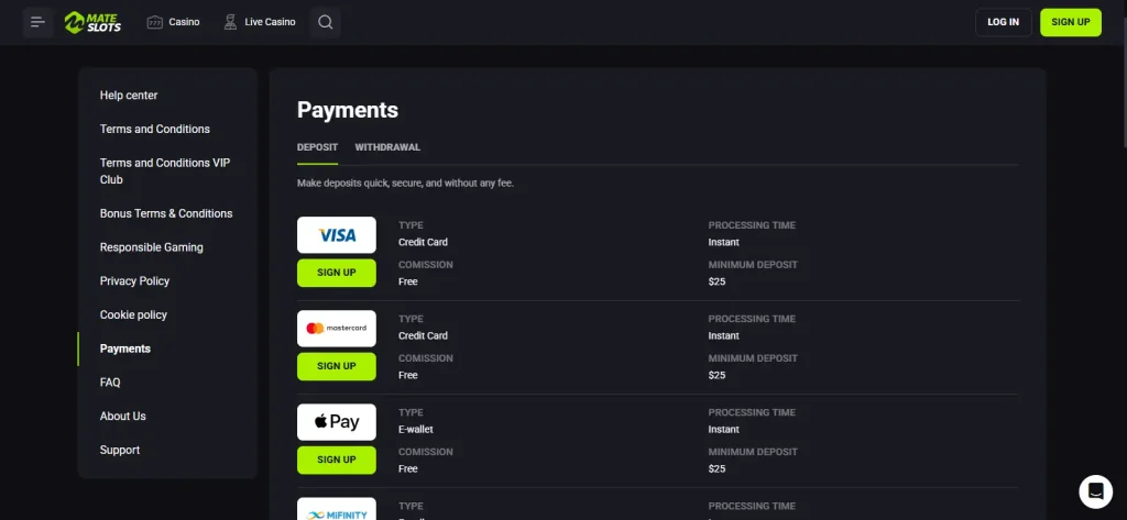 Mateslots Australia payment methods and cashier options