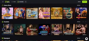 Mateslots live casino lobby with roulette blackjack baccarat poker and game-show categories