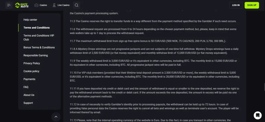 Mateslots terms section covering withdrawals and identity verification