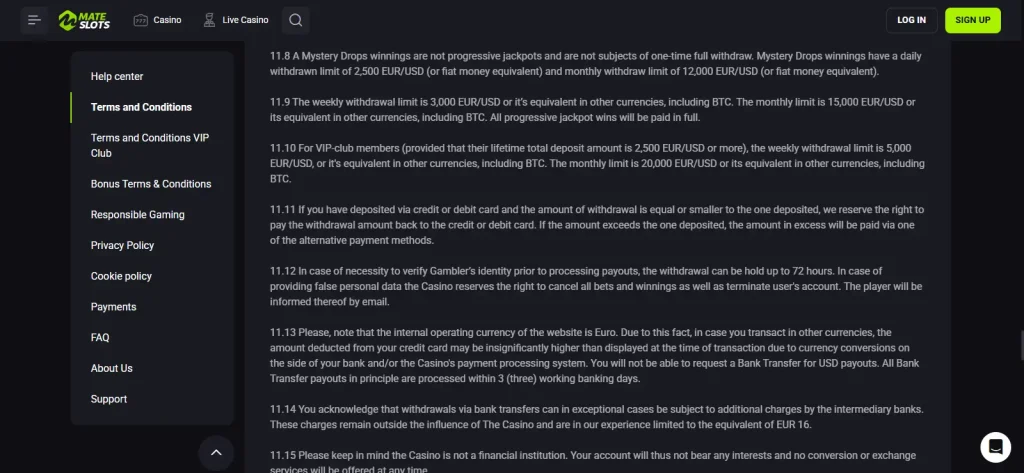 Mateslots terms showing standard and VIP withdrawal limits