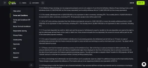 Mateslots terms showing standard and VIP withdrawal limits